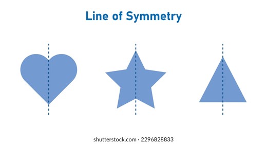 Line of symmetry of triangle, heart and star. Vertical line of symmetry. Vector illustration isolated on white background.