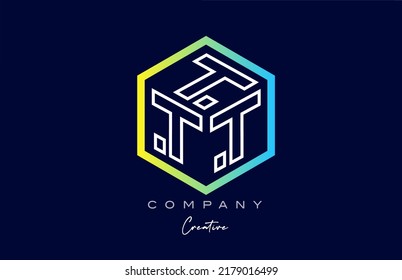 line T three letter cube alphabet letter logo icon design with polygon design. Creative template for business and company in blue and yellow colors