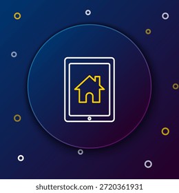 Linie Tablet und Smart-Home-Symbol einzeln auf blauem Hintergrund. Fernbedienung. Farbiges Umrisskonzept Vektorgrafik