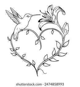 line tattoo design featuring a hummingbird hovering near a delicate lily with heart shaped