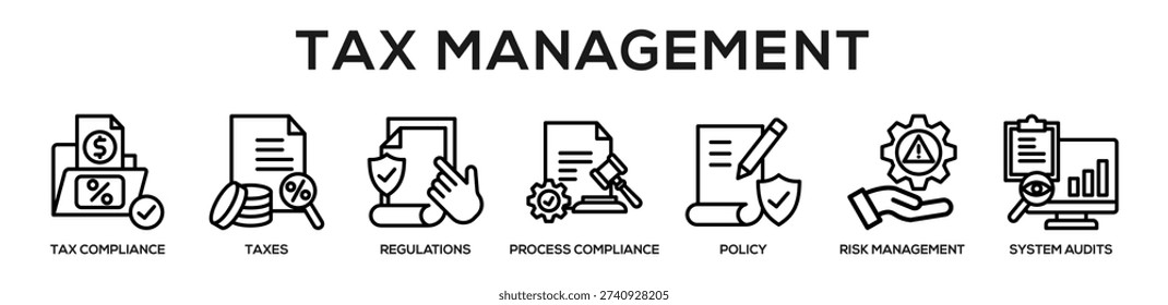 Line - Tax Management web banner icon vector illustration concept for business with icon of Tax Compliance, Taxes, Regulations, Process Compliance, Policy, Risk Management, System.