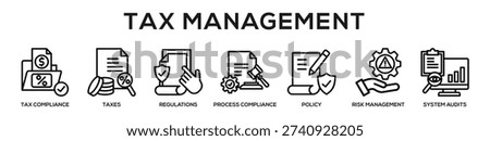 Line - Tax Management web banner icon vector illustration concept for business with icon of Tax Compliance, Taxes, Regulations, Process Compliance, Policy, Risk Management, System.