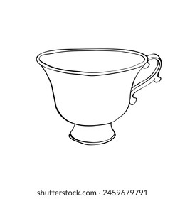 Line tea cup in Victorian style, vector illustration. Hand drawn contour sketch on isolated background. Linear drawing in black and white colors for coloring book, print, logo