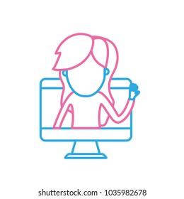 line technology computer with woman inside