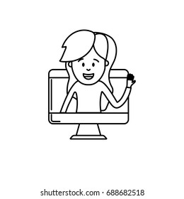 line technology computer with woman inside