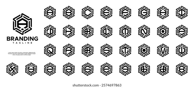 Line technology hexagon letter A to Z logo set