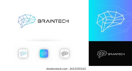 Line Technology Logo With Abstract Brain Shape Made Of Network Connections For Tech, AI, Neural Network, Innovation, Science, IT Company, Startup, Digital Branding Design. Vector Illustration