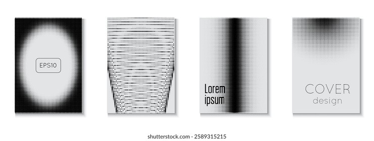 Line Template Set. Business Black And White  Flyer. Summer Concept With Minimal Art. Futuristic Elements On Flat Page. White Dots Texture. Wave Cover. Black Line Template