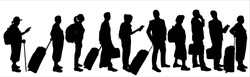 Line Of Ten Adults. Black Silhouette Of A Man, Guy, Girl, Woman, Grandmother, Senior Woman. People Stand One After Another In One Line. Passengers With Baggage, Carry-on Luggage, Suitcase On Wheels.