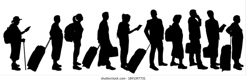 Line of ten adults. Black silhouette of a man, guy, girl, woman, grandmother, senior woman. People stand one after another in one line. Passengers with baggage, carry-on luggage, suitcase on wheels.