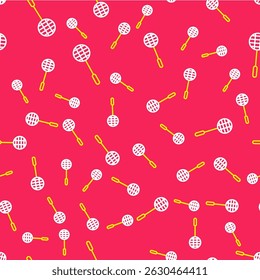Line Tennis racket icon isolated seamless pattern on red background. Sport equipment.  Vector