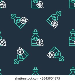 Line Tequila bottle with lemon icon isolated seamless pattern on black background. Mexican alcohol drink.  Vector