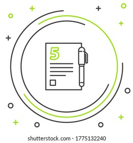 Prueba de línea o hoja de examen e icono de lápiz aislados en fondo blanco. Prueba, examen o concepto de encuesta. Concepto de esquema colorido. Vector