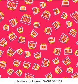 Line Test tube and flask chemical laboratory test icon isolated seamless pattern on red background. Laboratory glassware sign.  Vector