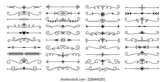 Bordes de texto de línea y marcos delimitadores. La realeza florece con elementos decorativos tipográficos vintage para letras, invitaciones. Conjunto de vectores de racy de divisores caligráficos