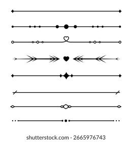 Line text dividers. Set of simple geometric borders. Elegant collection for greeting cards, invitations, certificate designs. Vector illustration isolated on a white background in flat linear style