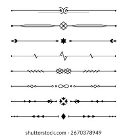 Divisores de texto de línea. Conjunto de bordes geométricos simples. Elegante colección para tarjetas de felicitación, invitaciones, diploma, diseños de menú. Ilustración vectorial aislada en un fondo blanco en estilo lineal plano