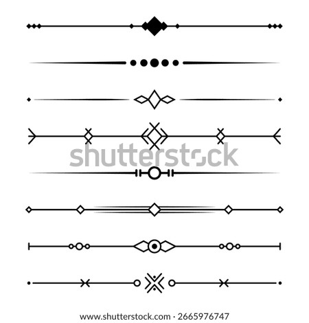 Line text dividers. Set of simple geometric borders. Elegant collection for greeting cards, invitations, diploma designs. Vector illustration isolated on a white background in flat linear style