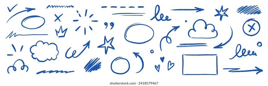 Line text highlight, blue hand drawn pen brush marker vector. Line text underline, emphasis, star, arrow mark element. Hand drawn stroke, crown, love heart, pencil swoosh shape. Vector illustration.