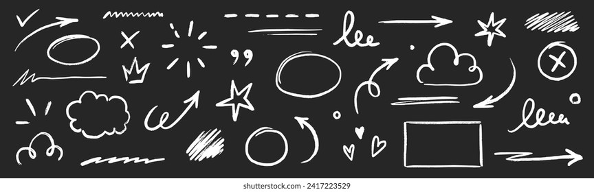 Line text highlight, hand drawn pen brush marker vector. Line text underline, emphasis, star, arrow mark element. Hand drawn stroke on chalkboard background. Vector illustration