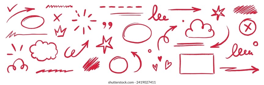 Line text highlight, red hand drawn pen brush marker vector. Line text underline, emphasis, star, arrow mark element. Hand drawn stroke, crown, love heart, pencil swoosh shape. Vector illustration.