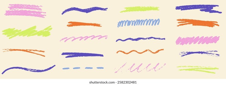 Line with texture crayon chalk. Scribble hand drawn set colorful on beige background. Underline crayon chalk set, Vector illustration