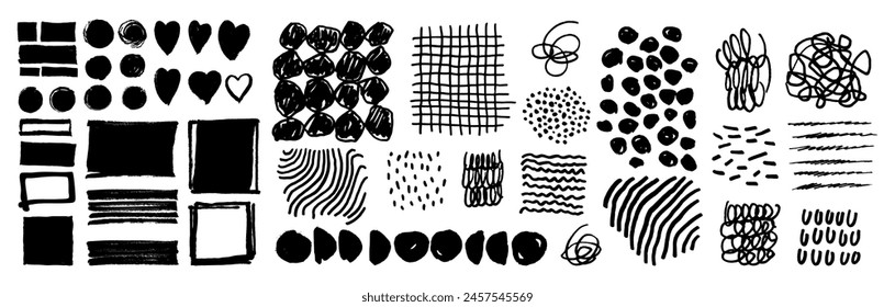 Line texture set. Black vector hand-drawn doodle background patterns. Pen marker scribbles, circles, lines and hatches. Rough grungy textures. Isolated strokes, stripes, hearts, crosshatches art