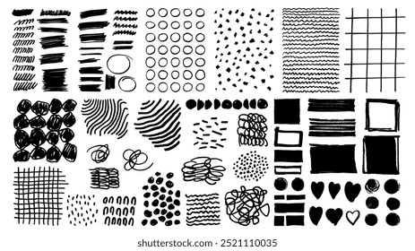 Line texture set. Black vector hand-drawn doodle background patterns. Pen marker scribbles, circles, lines and hatches. Rough grungy textures. Isolated strokes, stripes, hearts, crosshatches art