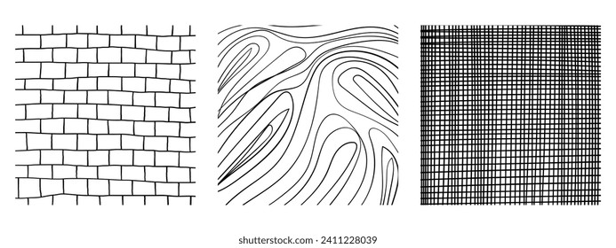Line texture set with different hand drawn squares patterns. Pencil lines on white background.