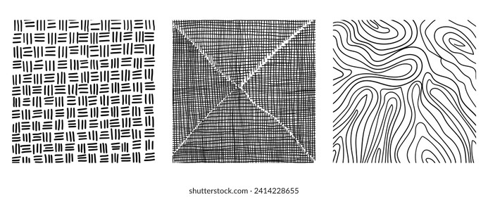 Line texture set with different hand drawn patterns. Pencil lines on white background.