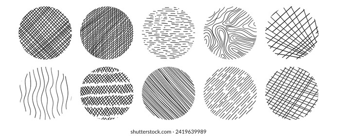 Line texture set with different hand drawn circle patterns. Vector scribble, horizontal and wave strokes collection.