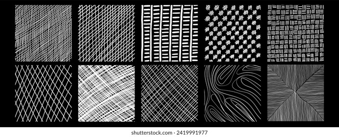 Line texture set with different hand drawn patterns. Vector scribble, horizontal and wave strokes collection.