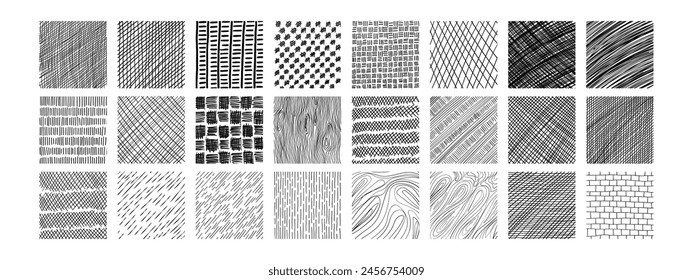 Line texture set with different hand drawn patterns. Crosshatch, wood, rain, stippling texture