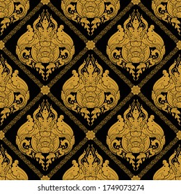"Line Thai or Line Com" Thailand Traditional illustration golden design with Canna flower for seamless pattern vector 