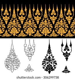 Line Thai Design is a modern and elegant abstract design made of gold and black lines. The background is a black field with classical elements in white, such as leaves and flowers. 