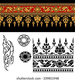  Line Thai Design is a modern and elegant abstract design made of gold and black lines. The background is a black field with classical elements in white, such as leaves and flowers. 