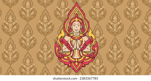 Line thai Deva Clasping Hands in pose,minimal design,temple,thai land