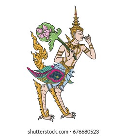 Line thai national art Kinnanorn character design styles,  Himmapan, half-man, half swan, vector