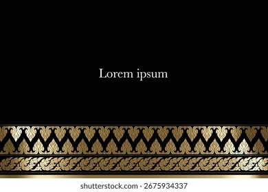 Linha Tailandês, Padrão Tailandês dourado e fundo preto. Banner de luxo de arte tailandesa, decoração de padrão de fundo para impressão, fabricação, web, cartaz, banner e ilustração vetorial de conceito de cartão
