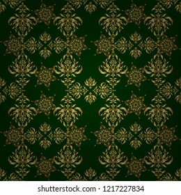 Line thai seamless pattern golden on a green backdrop. Traditional Thailand golden background and texture with grid. Golden pattern thai silk style vector design for print, fabric or textile.