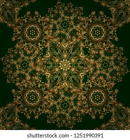 Line thai seamless pattern golden on a green backdrop. Traditional Thailand golden background and texture with grid. Golden pattern thai silk style vector design for print, fabric or textile.
