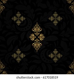 Line thai seamless pattern golden on a black backdrop. Traditional Thailand golden background and texture with grid. Golden pattern thai silk style vector design for print, fabric or textile.
