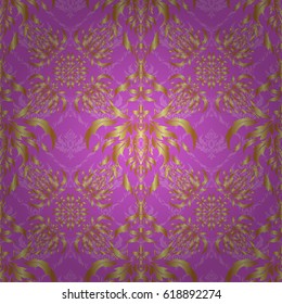Line thai seamless pattern golden on a violet backdrop. Traditional Thailand golden background and texture with grid. Golden pattern thai silk style vector design for print, fabric or textile.
