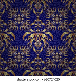 Line thai seamless pattern golden on a blue backdrop. Traditional Thailand golden background and texture with grid. Golden pattern thai silk style vector design for print, fabric or textile.