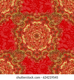 Line thai seamless pattern golden on a red backdrop. Traditional Thailand golden background and texture with grid. Golden pattern thai silk style vector design for print, fabric or textile.