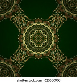 Line thai seamless pattern golden on a green backdrop. Traditional Thailand golden background and texture with grid. Golden pattern thai silk style vector design for print, fabric or textile.