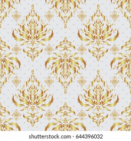 Line thai seamless pattern golden on a gray backdrop. Traditional Thailand golden background and texture with grid. Golden pattern thai silk style vector design for print, fabric or textile.