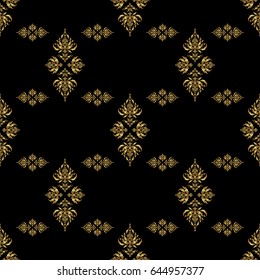 Line thai seamless pattern golden on a black backdrop. Traditional Thailand golden background and texture with grid. Golden pattern thai silk style vector design for print, fabric or textile.