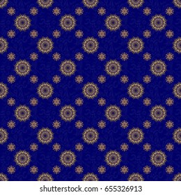 Line thai seamless pattern golden on a blue backdrop. Traditional Thailand golden background and texture with grid. Golden pattern thai silk style vector design for print, fabric or textile.