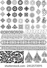 Line Thai set ornament flora graphic design. Thai Definition and Thai painting vector set. Black and white logo or icon collections illustration. Set of vintage vector ornament, icons and labeles.Thai